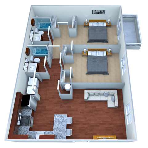 Floor plan for 2 beds, 2 baths, 910 sqft